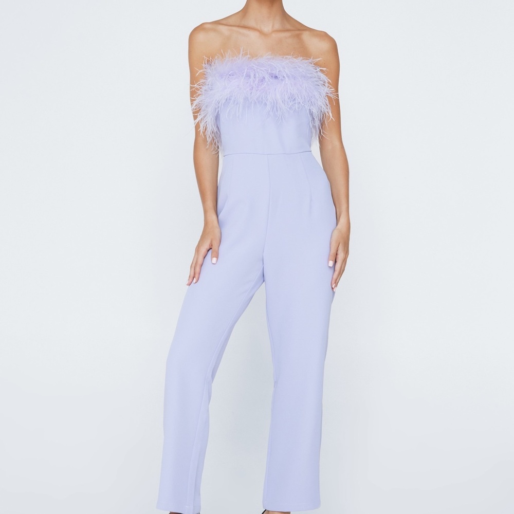 Purple Feather Concert Jumpsuit | Petite Bandeau Feather Trim Jum